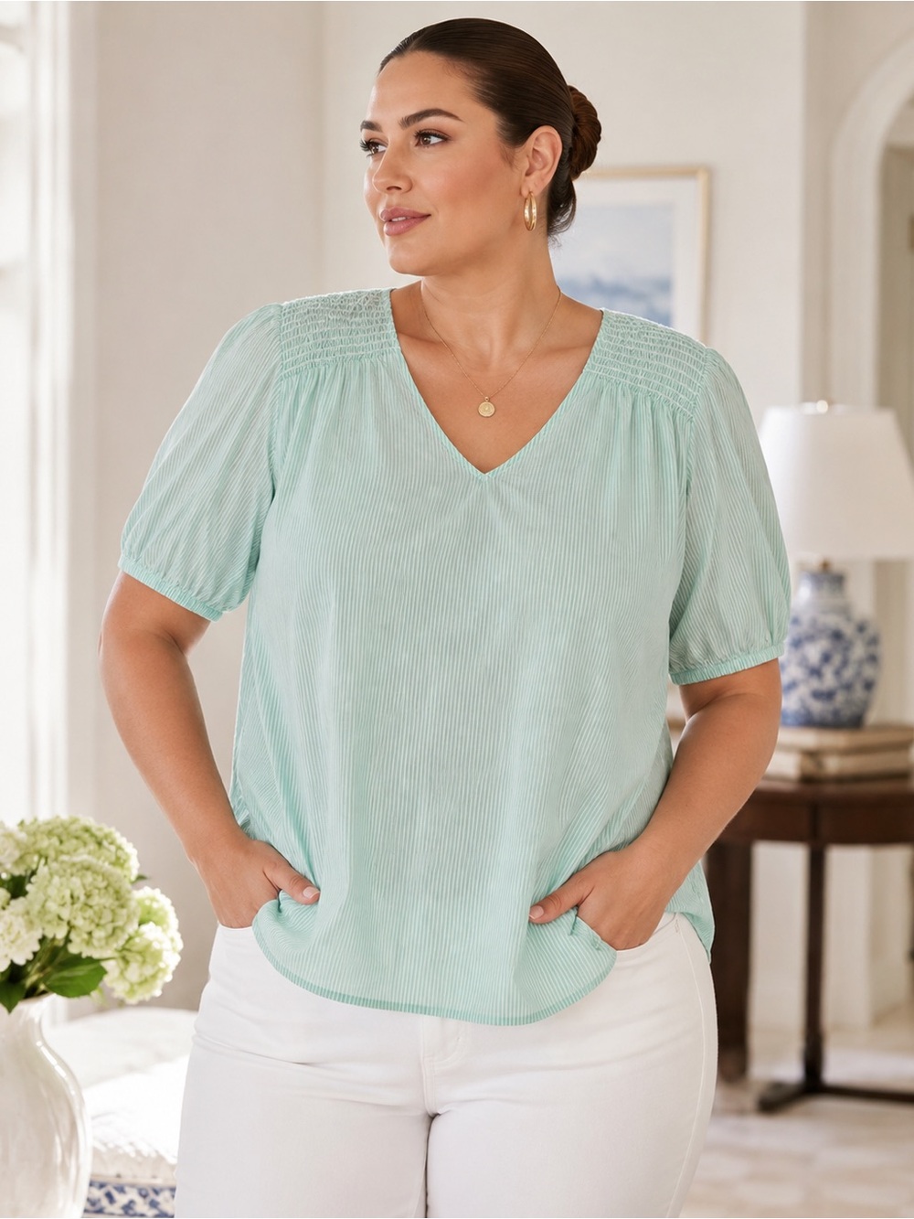 J.Crew | Mint Green Pinstripe Smocked Shoulder V-Neck Blouse - Size 2X